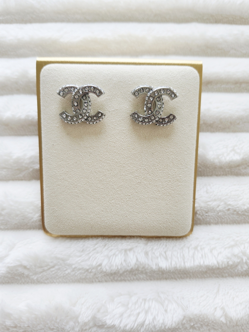 Silver Crystal CC Logo 3D Stud Earrings